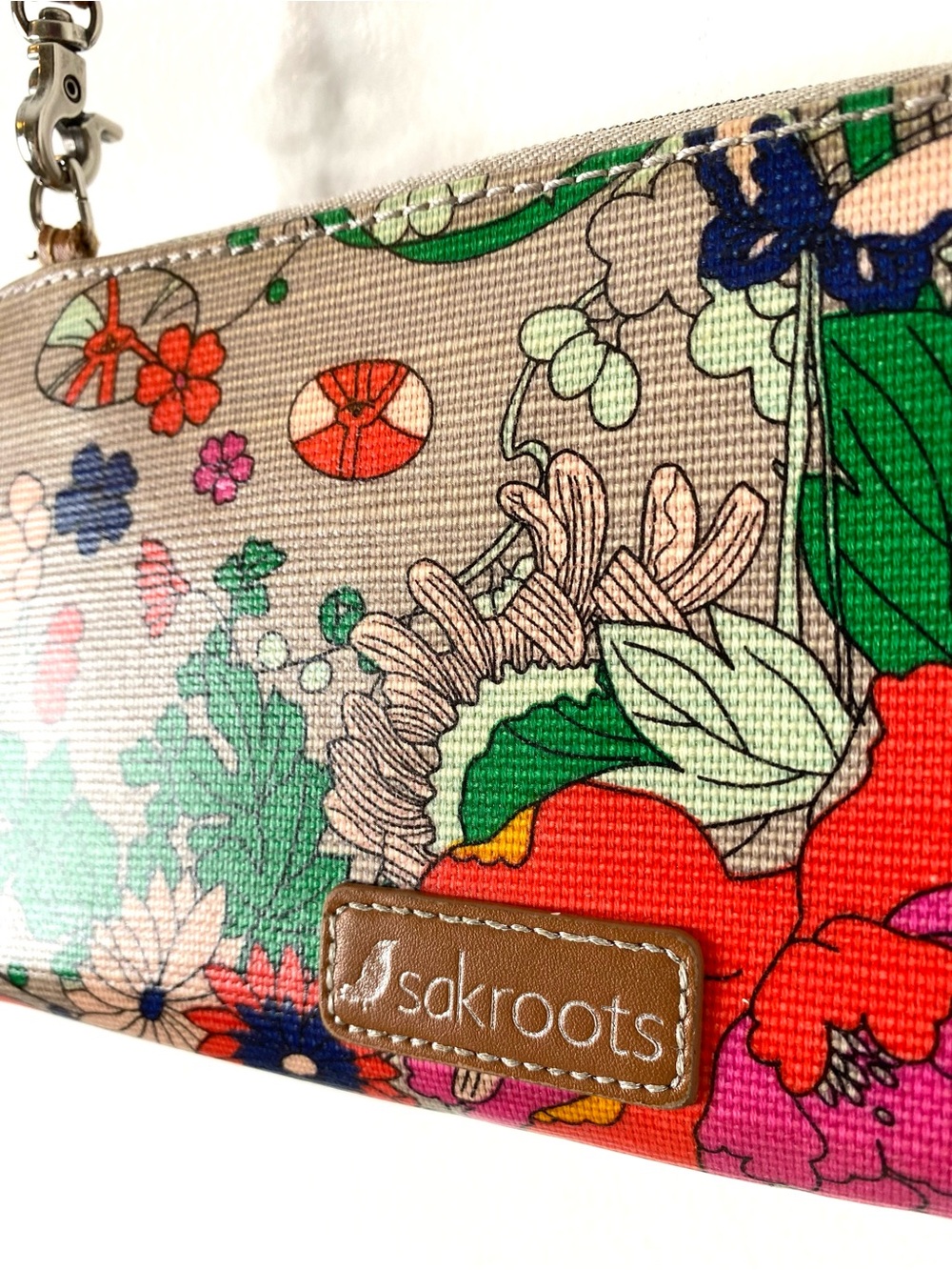 Sakroots Floral Crossbody Wallet in Beige, Pink, Orange, Yellow, Green - Picture 7 of 12